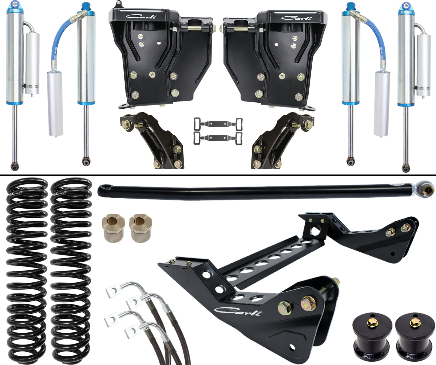 The Carli Suspension 05-07 Ford F-250/F-350 (4WD) Diesel 4.5" Lift Dominator System, which includes King 3.0 shocks, features shock absorbers, coil springs, mounting brackets, hoses, and hardware. These components are symmetrically presented against a white background for an eye-catching display.