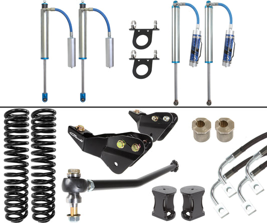 Discover the Carli Suspension collection for the 17-22 Ford F-250/F-350 (4WD) Diesel, featuring the Pintop System with a choice of 4.5"/5.5" suspension systems. It includes Remote Reservoir King Shocks, coil springs, sway bar links, mounting brackets, and assorted fittings. These expertly crafted off-road components are beautifully presented against a white background.