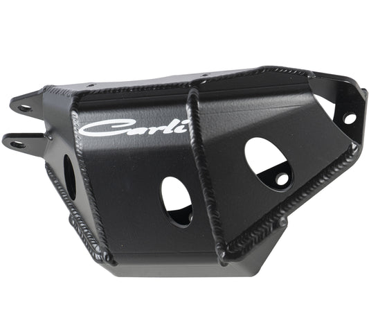 A black metal front differential guard for the 05-22 Ford F-250/F-350 (4WD) from Carli Suspension, with a rugged design, featuring cut-out sections and a prominently displayed brand logo, evokes the robustness of a motorcycle skid plate. The guard is showcased on a white background.