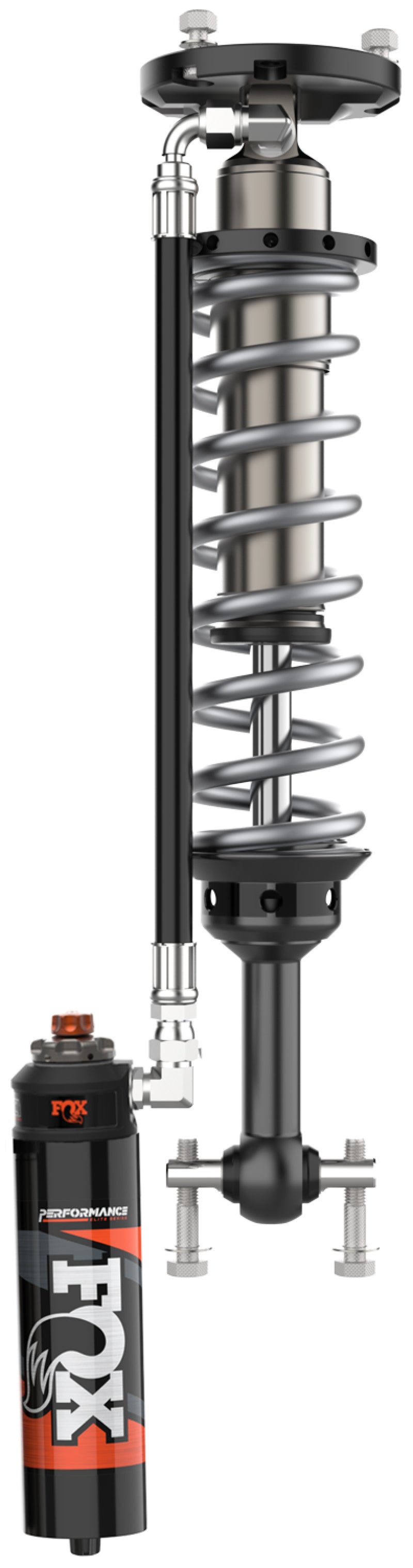 Close-up of a high-performance suspension component from the FOX brand, showcasing an aluminum body coiled spring with attached adjustable shocks. The system includes a connected reservoir prominently labeled "FOX" as part of their "Performance Elite 2.5 Series" product line, designed for Ford F150 4WD (2015-2020) featuring a 2.5-inch lift in the front.