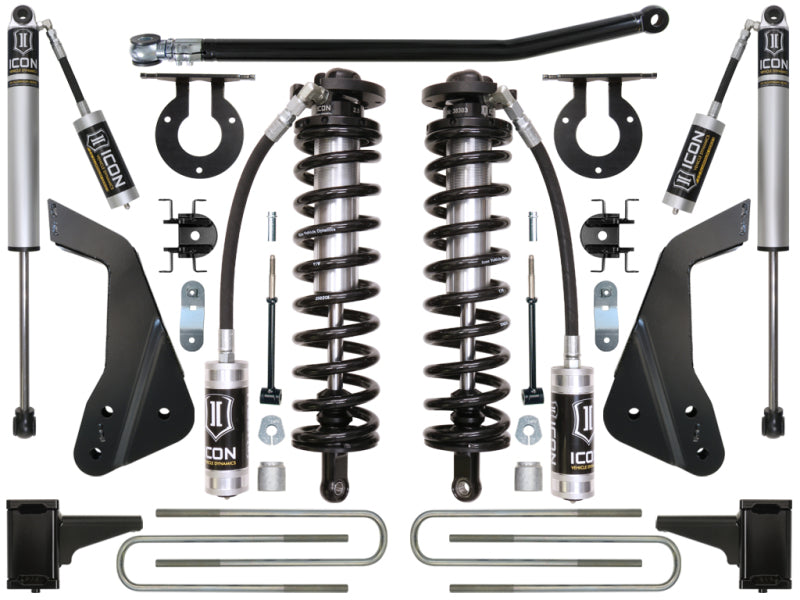 Introducing the ICON 05-07 Ford F-250/F-350 4-5.5in Stage 1 Coilover Conversion System, an ideal choice for enhancing your Ford Super Duty's suspension. This complete set includes coil springs, shock absorbers, brackets, and hardware from the reputable brand ICON. All components are showcased symmetrically against a white background.