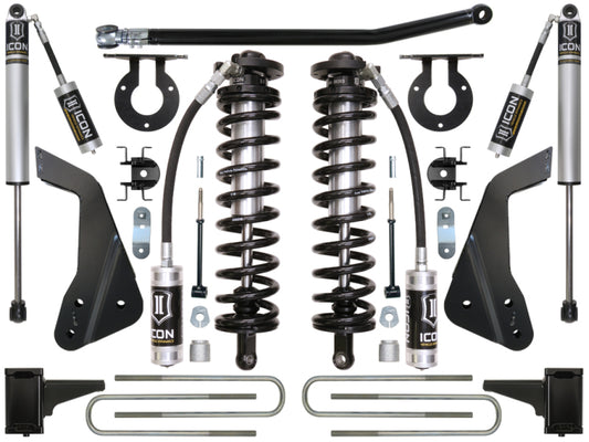 Introducing the ICON 05-07 Ford F-250/F-350 4-5.5in Stage 1 Coilover Conversion System, an ideal choice for enhancing your Ford Super Duty's suspension. This complete set includes coil springs, shock absorbers, brackets, and hardware from the reputable brand ICON. All components are showcased symmetrically against a white background.