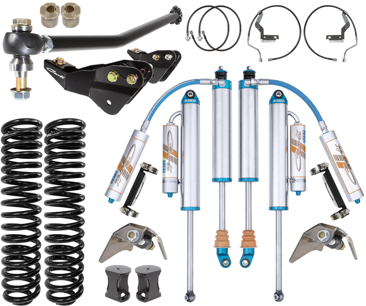 The Carli Suspension 17-22 Ford F-250/F-350 (4WD) Diesel 4.5"/5.5" Lift Dominator System suspension lift kit includes coil springs, King 3.0 shocks, brackets, and various components such as hoses and hardware, all neatly arranged on a white background.