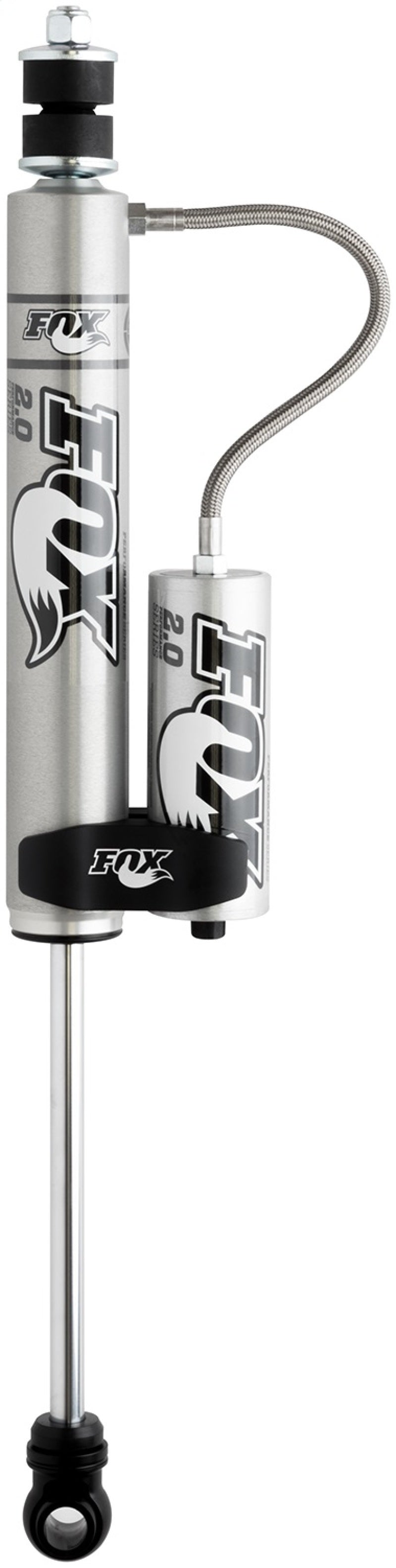 The product, Fox 01-10 Chevy HD 2.0 Perf Series 5.1in. Smooth Body Remote Reservoir Front Shock with a 0-1 inch lift, by FOX, boasts performance-oriented shock valving and a robust cylindrical design ideal for off-road vehicles. It features the Fox logo prominently and is designed to be fade-resistant with coiled and braided metal lines.