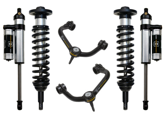 An ICON Stage 3 Suspension System for the 04-08 Ford F-150 2WD, including two coilover shocks with springs and a pair of corrosion-resistant tubular upper control arms, displayed symmetrically on a white background.