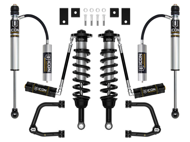 The ICON 2022+ Toyota Tundra 1.25-3.5in Stage 6 Suspension System Tubular is showcased on a white background, featuring components like coilovers, remote reservoir shocks, and upper control arms from ICON Vehicle Dynamics.