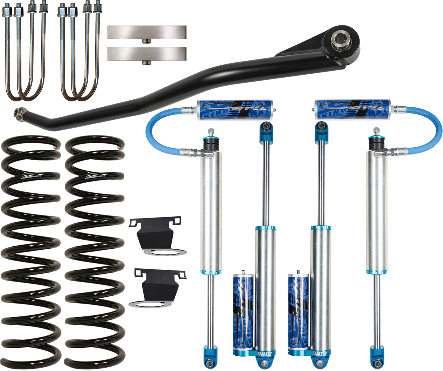 A suspension lift kit for the Dodge Ram, the Carli Suspension 19-23 Ram 3500 (4WD - Leaf) Diesel 2.5" Lift Leveling Pintop System, showcasing black coil springs, blue-and-silver shock absorbers with attached reservoirs, and neatly arranged mounting components such as U-bolts and brackets on a white background.