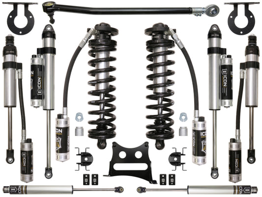 Introducing the ICON 2017+ Ford F-250/F-350 2.5-3in Stage 5 Coilover Conversion System, a comprehensive kit for F-250 and F-350 Trucks. It includes coilovers, shocks with Remote Reservoirs, mounting brackets, and assorted hardware components, all meticulously displayed symmetrically against a pristine white backdrop.