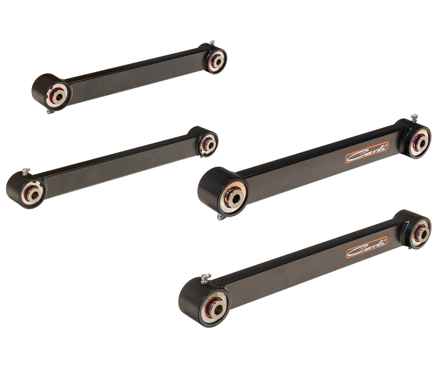 The 03-09 Dodge RAM 2500/3500 (4WD) Extended Suspension Control Arm Kit by Carli Suspension is made from mild steel and includes four metal control arms, each with rubber bushings. The kit features branded labels placed diagonally on a white background, and each control arm varies in size with bolt attachments on both ends, making it ideal for enhancing suspension systems.