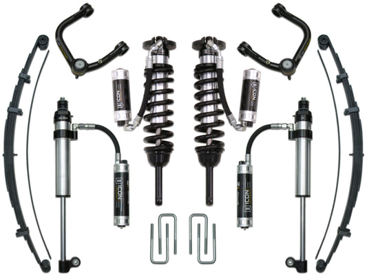 The image displays an array of vehicle suspension components, such as the ICON 05-15 Toyota Tacoma 0-3.5in/16-17 Toyota Tacoma 0-2.75in Stage 9 Suspension System with Tubular UCA's coilovers, leaf springs, and upper control arms. Each ICON-branded component is clearly labeled and arranged symmetrically on a white background to emphasize their corrosion resistance.