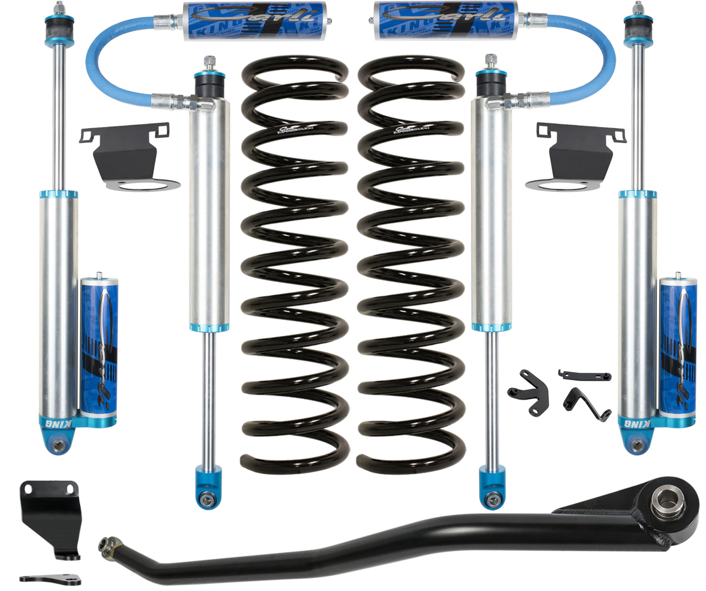 The 14-23 Ram 2500 (4WD - Coil/Coil) Diesel 2.5" Lift Leveling Pintop System by Carli Suspension includes premium components such as coil springs, shock absorbers, brackets, and hardware. Its silver and blue components paired with black springs not only increase your Dodge Ram’s height but also enhance its off-road performance.