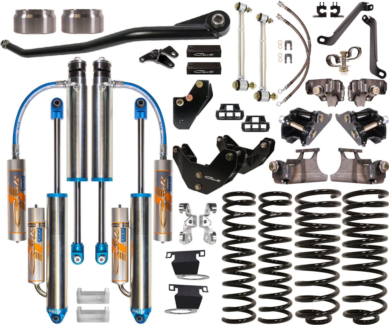 An assortment of automotive suspension components displayed on a white background, highlighting the 19-23 Ram 2500 Power Wagon (4WD - Coil) 3.0" Lift Dominator System by Carli Suspension, featuring shock absorbers, coil springs, control arms, and mounting hardware.