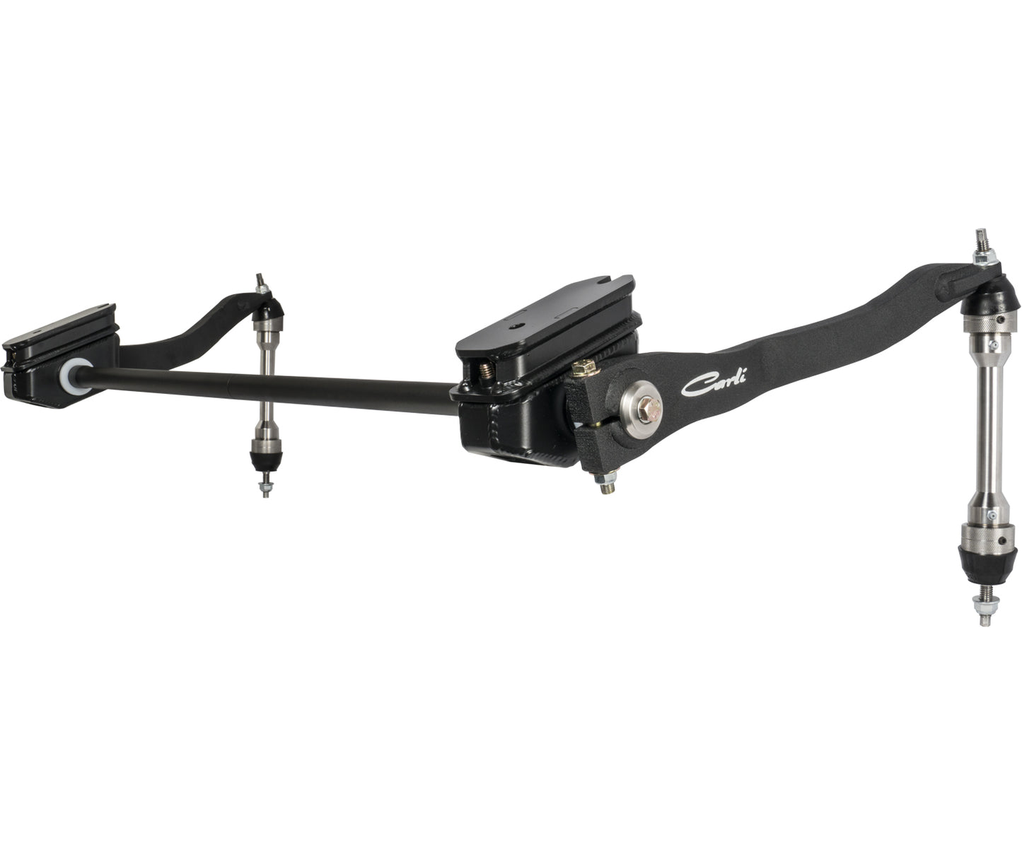 The Carli Suspension 17-23 Ford F-250/F-350 (4WD) Torsion Sway Bar Kit, designed for 4.5"/5.5" lift with end links, features a central black tube and robust metal components at each end to improve vehicle stability and control.