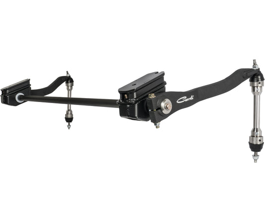 The Carli Suspension 17-23 Ford F-250/F-350 (4WD) Torsion Sway Bar Kit, designed for 4.5"/5.5" lift with end links, features a central black tube and robust metal components at each end to improve vehicle stability and control.