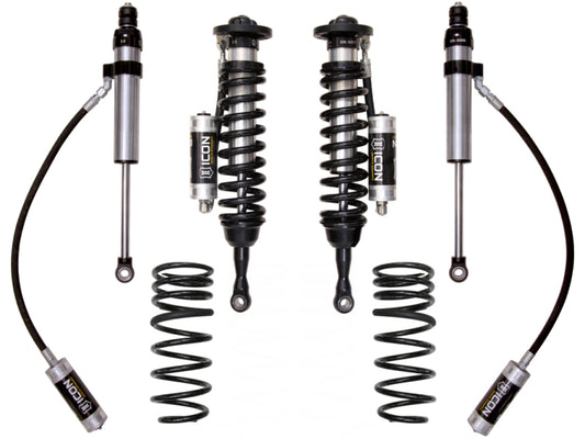 Image showcasing the ICON 2008+ Toyota Land Cruiser 200 Series 1.5-3.5in Stage 2 Suspension System by ICON, featuring a pair of coilovers, two shock absorbers with external reservoirs, and two distinct springs. Ideal for off-road vehicle enthusiasts, these components are symmetrically arranged against a white backdrop to emphasize the suspension upgrade.