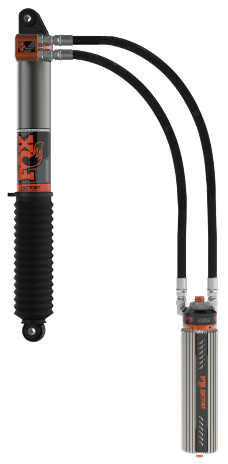 A stylish and contemporary suspension shock absorber, the FOX 2019+ Chevrolet Silverado 1500 Race Series 3.0 Internal Bypass Reservoir Shocks Rear 2-3in Lift, features sleek black and gray aluminum bodies with two connecting hoses. It includes a distinctive orange logo and details, along with a ribbed boot at one end. The Dual Speed Compression adjustment makes it an excellent choice for off-road vehicles.