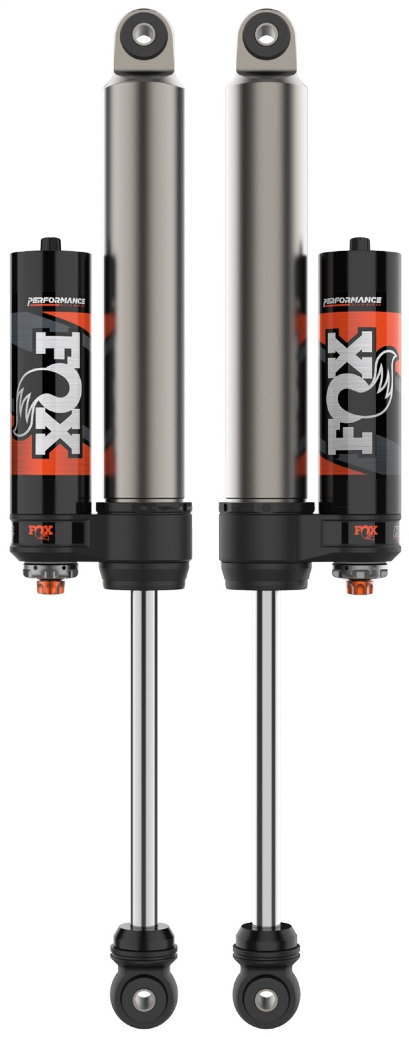 A pair of FOX 2014+ Ram 3500 2.5 Performance Elite Series Smooth Body Piggyback DSC Rear Shocks designed for a lift of 4-6 inches, finished in black and orange metallic hues. They showcase vertically aligned cylindrical chambers, each displaying the "FOX" logo on the side. This sleek and modern design enhances their high-performance capabilities and optimizes potential for extended wheel travel in automotive gear.