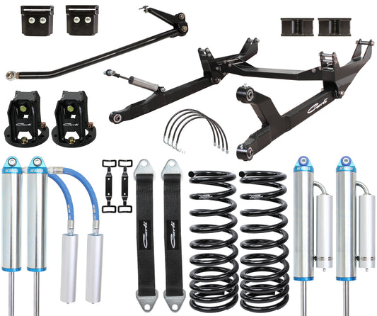 The Carli Suspension 6" Dominator 3.0 kit for the 03-09 Dodge RAM 2500/3500 (4WD) features an off-road suspension system, including coil springs, King 3.0 shocks, control arms, and hardware displayed neatly on a white background.