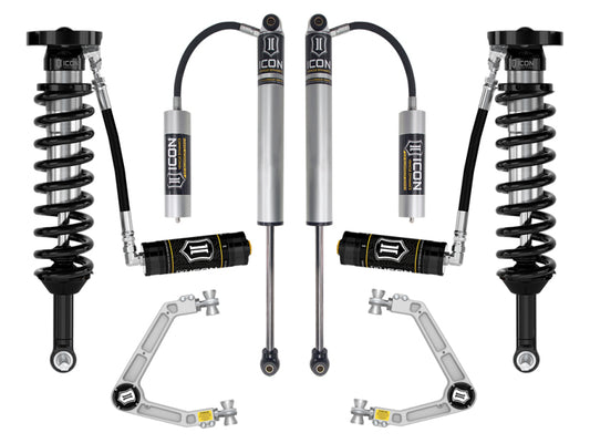 The ICON 2023 Chevrolet Colorado 1.75-2.5in Stage 3 Suspension System w/ Billet UCA features precision parts, including adjustable coilover springs, shock absorbers, and Delta Joint PRO for enhanced articulation—all showcased symmetrically on a white background with a robust rebuildable design.