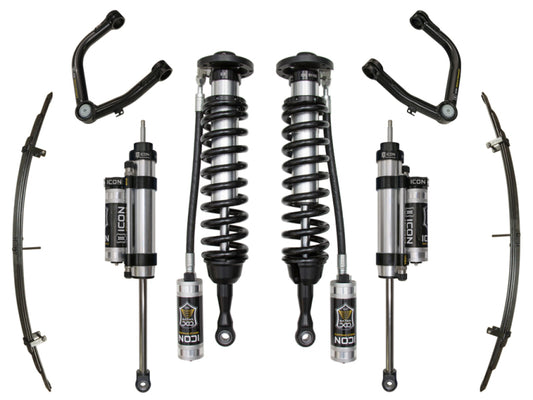 Presenting the ICON 2007+ Toyota Tundra 1-3in Stage 7 Suspension System w/Tubular UCA by ICON, this set features two coilover shock absorbers with springs, upper control arms equipped with Delta Joints for superior performance, and leaf springs. Engineered for corrosion resistance, these components are symmetrically arranged on a plain white background.