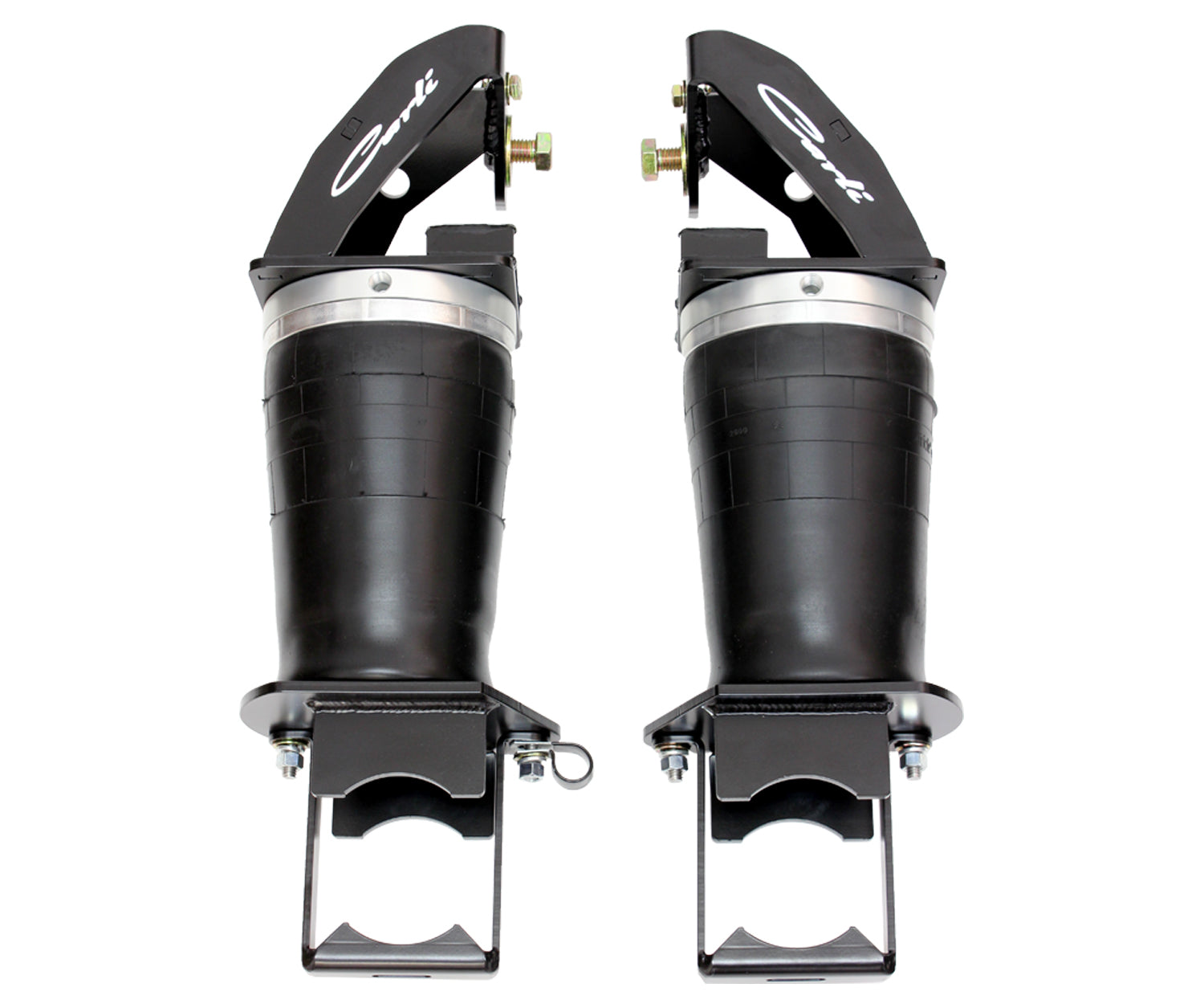 Two black Carli Suspension automotive air suspension struts with metal attachments are positioned vertically, designed for a 4.5" lift and vehicle shock absorption. They feature branded labels on the top sections and are part of the 05-07 Ford F-250/F-350 (4WD) Long Travel Air Bag System for enhanced performance.