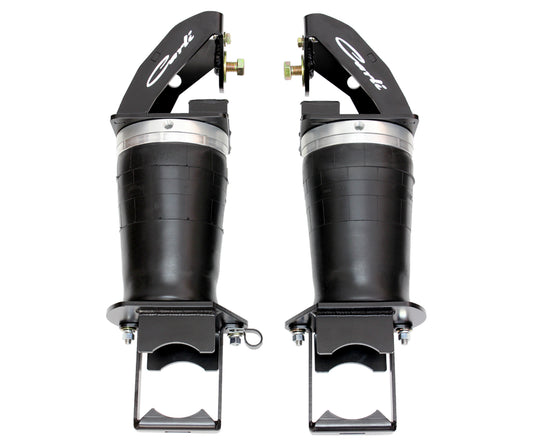 Two Carli Suspension Air Bag System struts, specifically designed for the 2008-2010 Ford F-250/F-350 (4WD) with a 4.5" lift, stand upright side by side against a white background. These black metal-framed suspension components are ideal for vehicles equipped with an Air Helper Spring to enhance shock absorption and ride comfort.