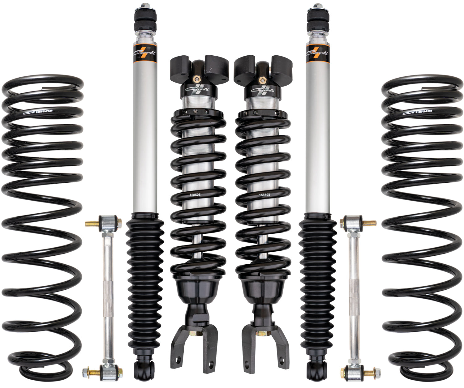 A set of components from the Carli Suspension 19-23 Ram 1500 (4WD - Coil/Coil) 2.5" Lift Commuter System, featuring two coilover shock absorbers with black springs, two standalone springs, and two stabilizer links—all displayed symmetrically against a white background.