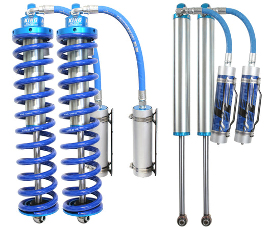 Image of bright blue Carli Suspension King 2.5" remote reservoir coilovers and piggyback rear 4.5" lift shocks with metallic accents, specifically designed for the Ford F-250/F-350 (4WD) from model years 2005 to 2016. The left side highlights the CARLI TUNED King Coilover Package's coil springs, while the right showcases a complete shock absorber set with hoses and reservoirs.