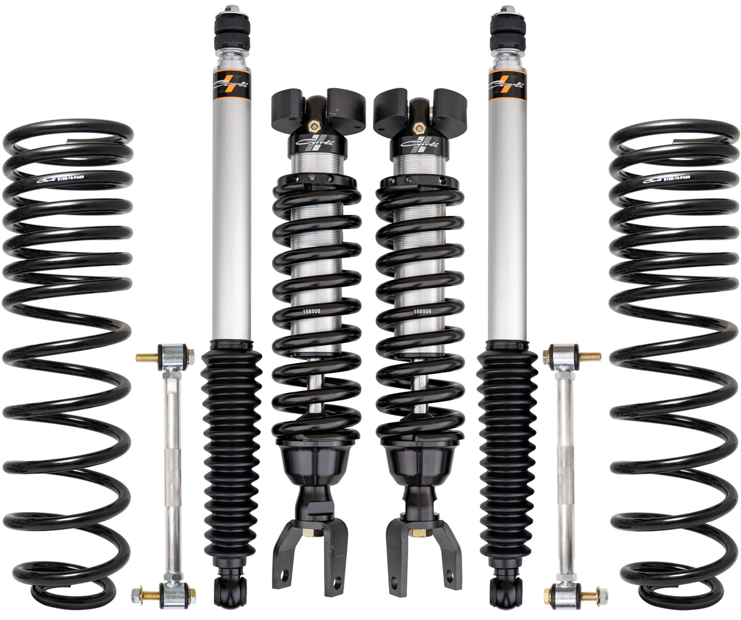 Image showcasing the Carli Suspension 19-23 Ram 1500 (4WD - Coil/Coil) Rebel Carli-Spec 1.5" Lift Commuter System, featuring a neatly arranged set of car suspension components on a white background. This ideal setup for a Ram 1500 Rebel includes two coilover shocks with black springs, two additional coil springs, and two sway bar links.