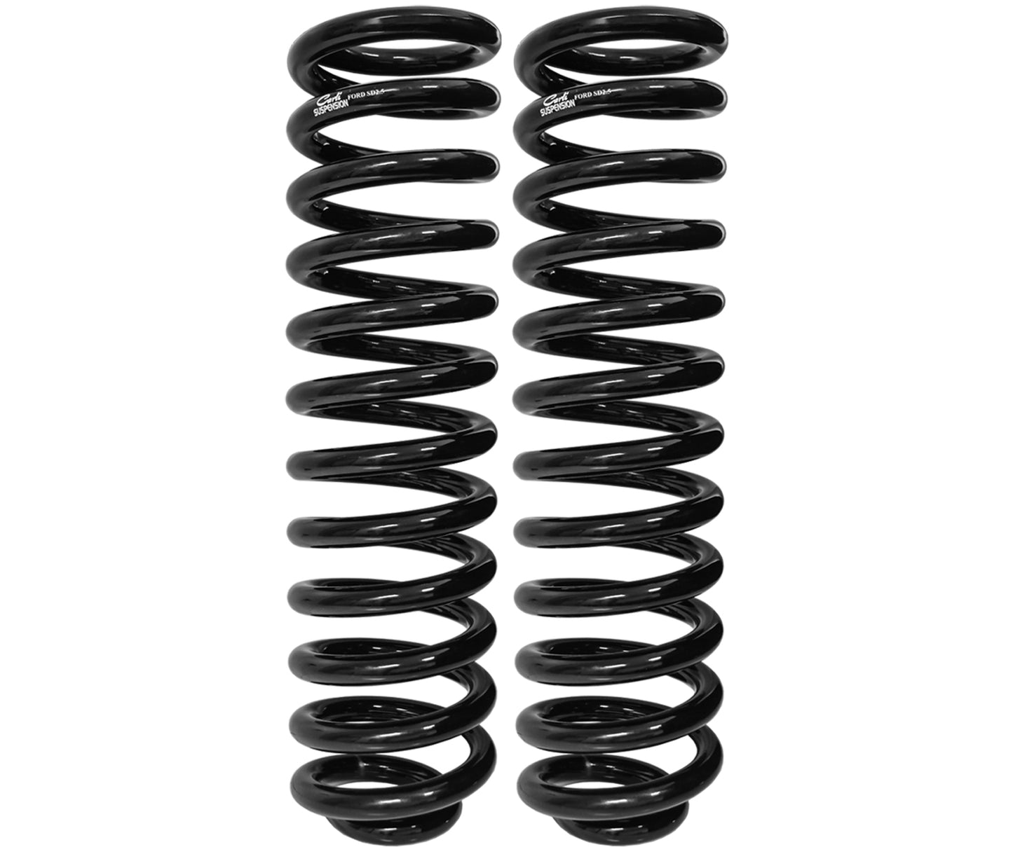 A pair of black Carli Suspension leveling coils, designed for 11-23 Ford F-250/F-350 (6.2, 7.3 - 4WD) GAS models, stand side by side with a lift of either 2.0" or 3.0". Each coil features a glossy finish against a plain white background, highlighting their similar size and shape.