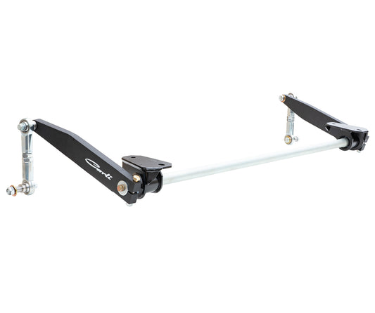 A mechanical component featuring a horizontal metal rod with black arms on each end, reminiscent of the Carli Suspension 03-13 Dodge RAM 2500/3500 (4WD) Torsion Sway Bar for a 6" lift. The arms include pivot points and bolts, making it ideal for the suspension system in vehicles like the Ram 2500/3500.