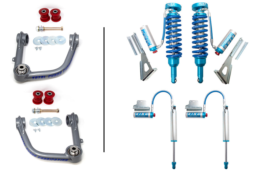 The 03-22 Toyota 4Runner Lift Kit with King 2.5 Adjustable Shocks by TOTAL CHAOS features a set of upper control arms with red bushings and accompanying hardware displayed on the left. On the right, blue King suspension coilovers with reservoirs and King bypass shocks with mounting brackets provide a comprehensive off-road suspension solution.