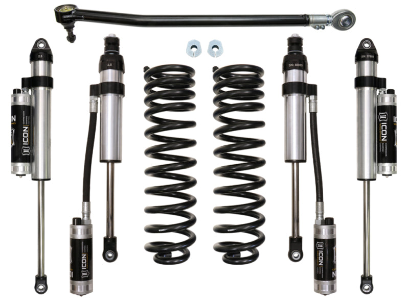 A symmetrically arranged set of suspension components, featuring shock absorbers with reservoirs and coil springs, each labeled "ICON," designed to enhance the suspension system of Ford F250/350 Super Duty vehicles. This is known as the ICON 2017+ Ford F-250/F-350 2.5in Stage 4 Suspension System.