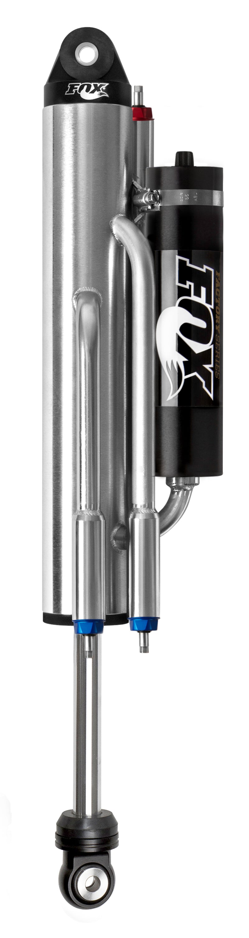 Image of the FOX brand Ford Raptor 3.0 Factory Series Rear Shock Set in Black/Zinc, showcasing a metallic finish with external bypass technology for advanced fluid management. The precision-engineered reservoir and multiple tubes are prominently designed, featuring the FOX logo.