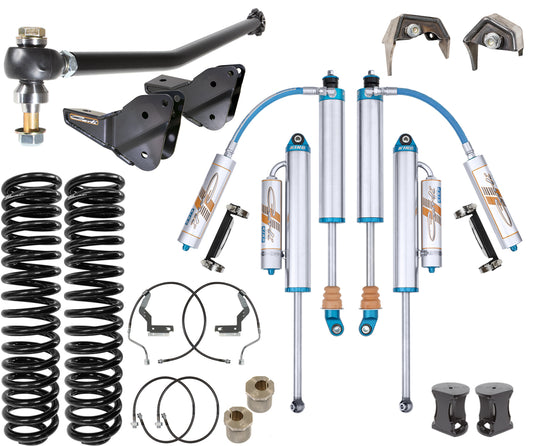 Components of the Carli Suspension 23-24 Ford F-250 Super Duty (4WD) DIESEL 4.5"/5.5" Lift Dominator System, such as coil springs, King 3.0 shocks, control arms, and mounting brackets, are displayed on a white background.