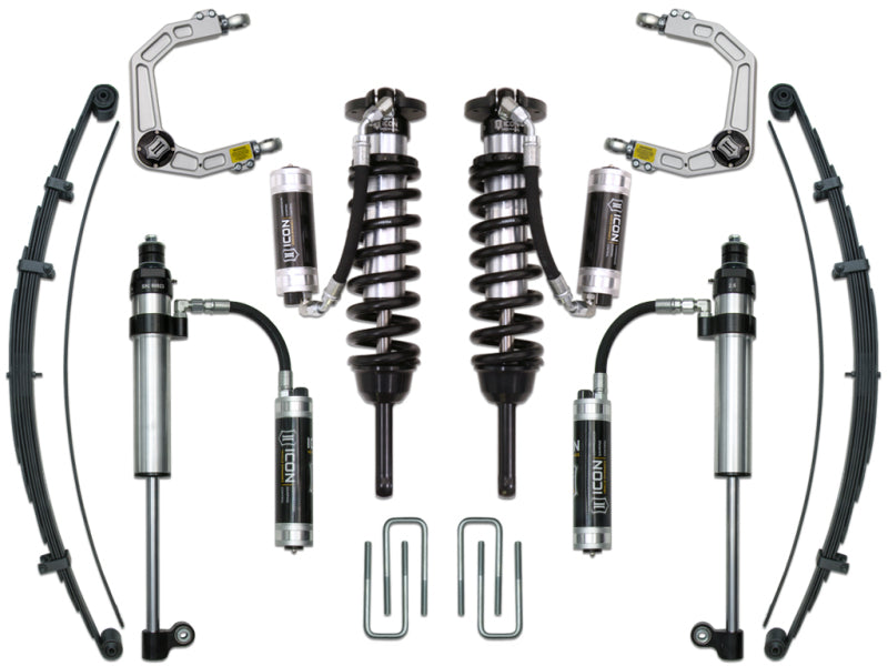 The ICON Stage 9 Suspension System for Toyota Tacoma models (2005-2017) includes upper control arms and coilovers made from billet aluminum, designed for symmetrical installation. Compatible with Delta Joints, this system improves vehicle suspension with stylish metal and black finishes.