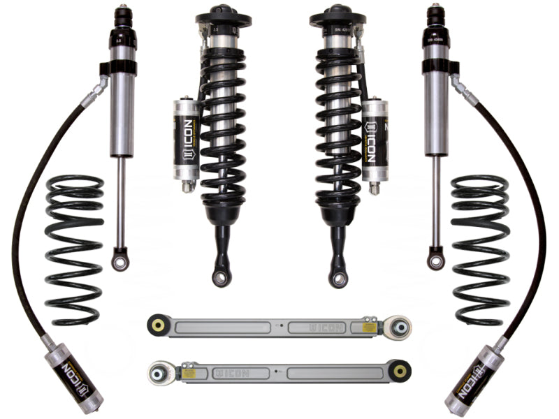 The ICON 2008+ Toyota Land Cruiser 200 Series 1.5-3.5in Stage 3 Suspension System components are arranged symmetrically, featuring coilovers, shock absorbers with reservoirs, springs, and control arms. Each component proudly displays the ICON logo on a white background, highlighting this premium suspension upgrade option.