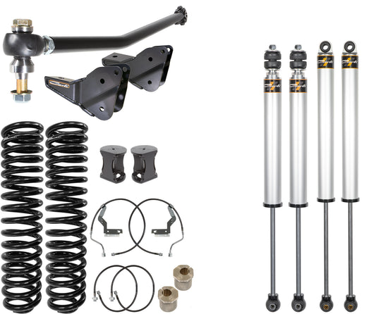 A display of components from the Carli Suspension 23+ Ford F-250/F-350 (4WD) Diesel 5.5" Commuter System, featuring parts such as coil springs, shock absorbers, brackets, and various mounting hardware, set against a white background.