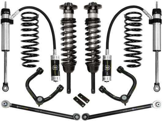 The ICON 03-09 Toyota 4Runner/FJ 0-3.5in Stage 4 Suspension System w/Tubular Uca by ICON showcases coilover shocks, Delta Joint upper control arms, and connecting rods, all expertly displayed on a white background. These components feature a streamlined metallic design with sophisticated black and silver finishes.