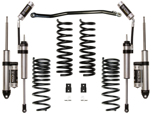 The ICON 19+ Ram 2500 4WD 2.5in Stage 3 Suspension System (Performance) comprises components like performance rear coil springs, shock absorbers, and stabilizer bars, all arranged symmetrically to enhance off-road adventures. These metallic parts feature black details and are branded "ICON," making them perfect for a 3/4 ton truck.