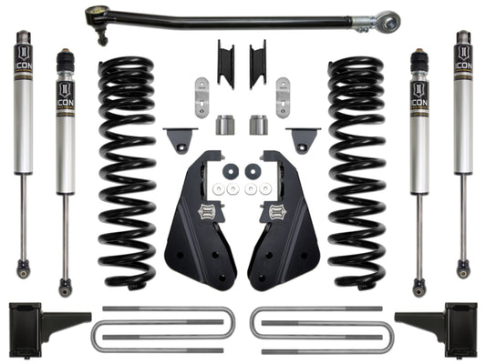 The ICON 2017+ Ford F-250/F-350 4.5in Stage 1 Suspension System, which includes dual rate coil springs and is specifically designed for the Ford F250/350 Super Duty, comes with shocks, various brackets, and hardware. All components are displayed symmetrically on a white background featuring sleek black and silver finishes.