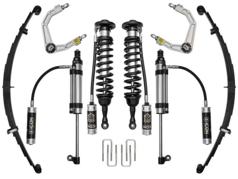 Presenting the ICON 2007+ Toyota Tundra 1-3in Stage 10 Suspension System w/Billet Uca, featuring coilover shocks, leaf springs, and billet aluminum control arms with enhanced corrosion resistance. This system includes upper control arms and mounting hardware. All components are symmetrically arranged on a white background for a sleek display.