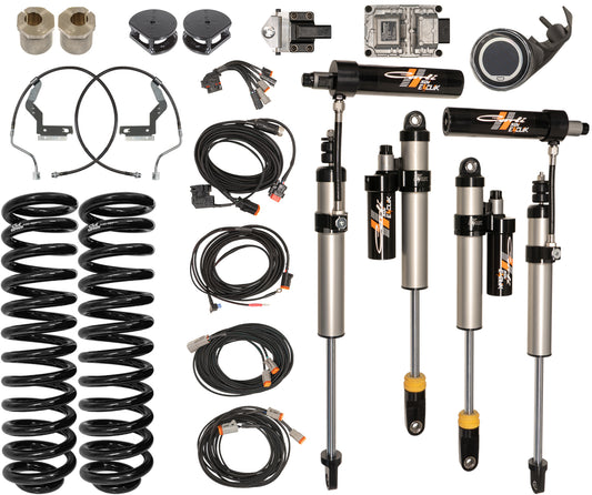 The display features the Carli Suspension 17-22 Ford F-250/F-350 (4WD) Diesel 2.5"/3.5" Lift E-Venture System, showcasing its progressive leaf springs, coil springs, and shock absorbers arranged against a white background. The components are organized to emphasize the system's design for optimal adventure performance.