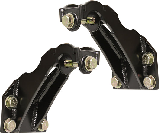 A pair of black metal brackets with bolts and nuts, specifically designed for mounting applications. These rear shock mounts, intended for the 05-07 Ford F-250/F-350 (4WD), feature a curved shape with reinforced sections and multiple attachment points. The brackets are angled similarly and are reminiscent of the Carli Suspension Fabricated Shock Mounts.