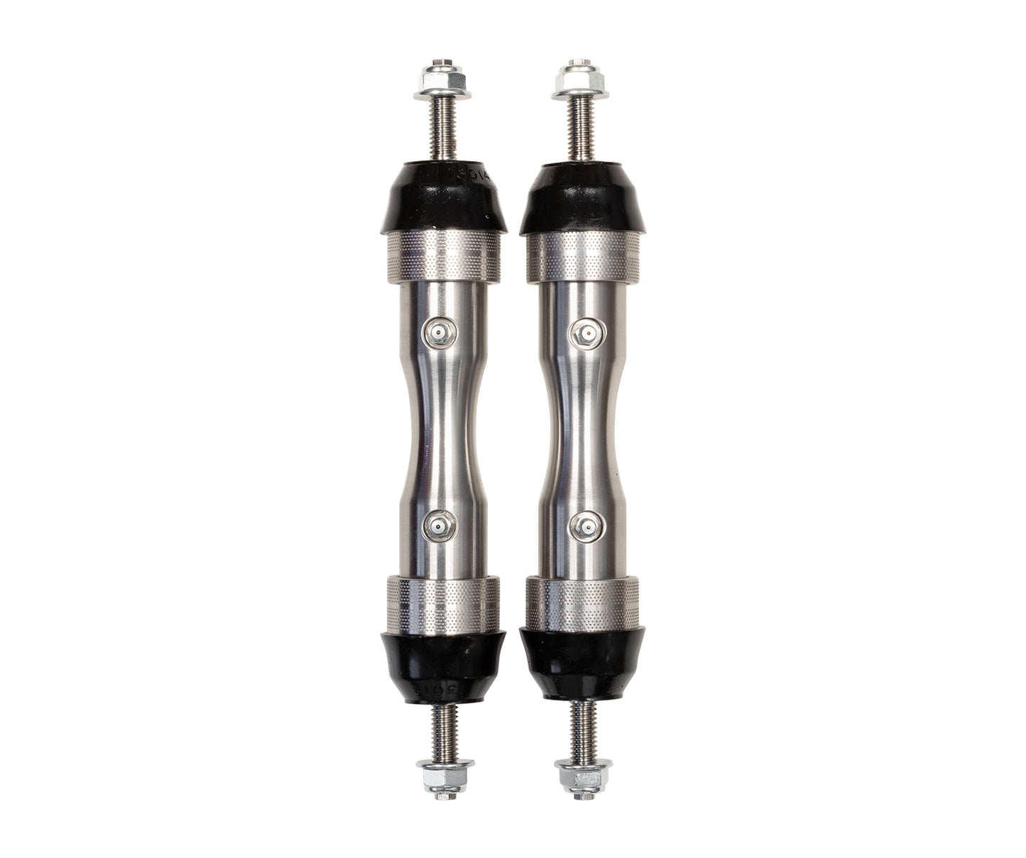 Aligned vertically are two silver metal rods with black rubber ends and threaded bolts on both sides, resembling a design fit for industrial or mechanical applications. These rods look similar to the Carli Suspension 17-23 Ford F-250/F-350 (4WD) Extended Sway Bar End Links intended for vehicles with a 2.5"/3.5" lift, featuring a smooth and slightly curved center section.