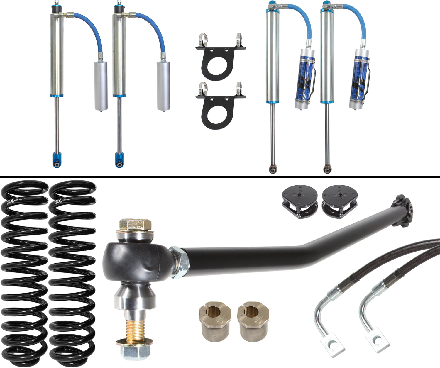 Image showcasing a variety of car suspension components, including coil springs and Remote Reservoir Shocks with attached reservoirs, brackets, a control arm featuring a ball joint, and two hoses. These parts are elements of the advanced 17-22 Ford F-250/F-350 (6.2, 7.3 - 4WD) GAS 2.0"/3.0" Lift Pintop System by Carli Suspension and are neatly arranged on a white background.