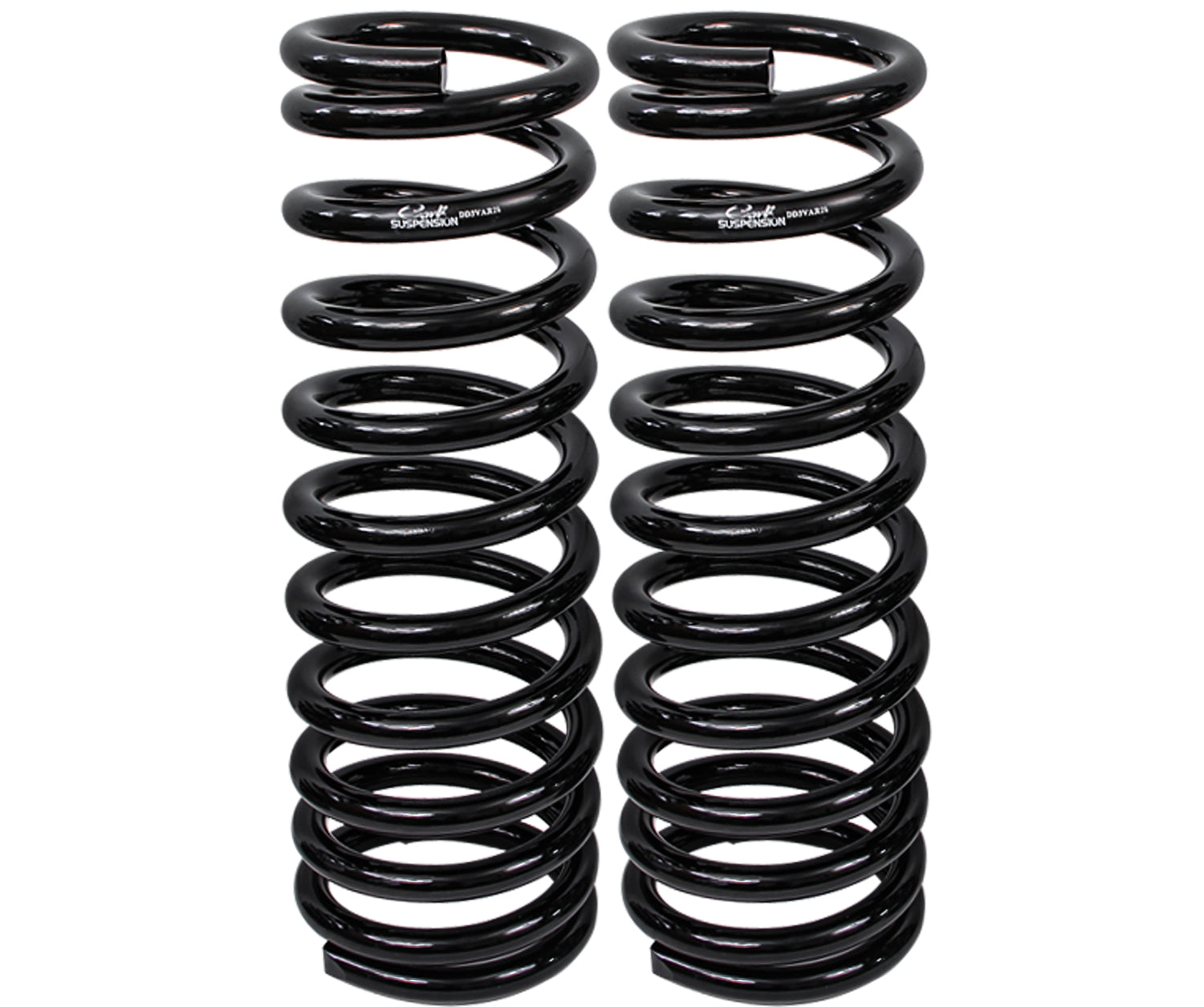 A pair of black metal coil springs, manufactured by Carli Suspension and designed for a 6" lift on a 03-13 Dodge RAM 2500/3500 Diesel (4WD), stand vertically side by side against a white background. These multi-rate coil springs feature a tightly wound design with a shiny finish and are identical in size and shape.