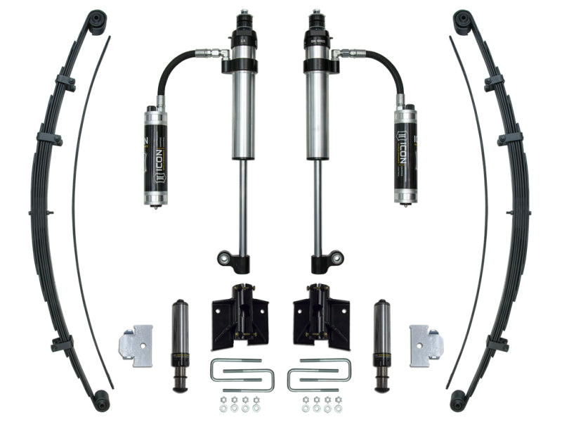 Discover the unparalleled off-road adventure offered by ICON's 2005+ Toyota Tacoma RXT Stage 2 System. This kit includes two coilover shocks, two leaf springs, additional small shocks, U-bolts, and mounting brackets, all neatly displayed on a white background for comprehensive review.