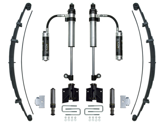 Discover the unparalleled off-road adventure offered by ICON's 2005+ Toyota Tacoma RXT Stage 2 System. This kit includes two coilover shocks, two leaf springs, additional small shocks, U-bolts, and mounting brackets, all neatly displayed on a white background for comprehensive review.