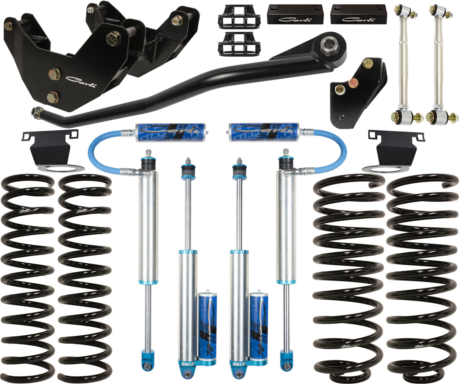 Components from the Carli Suspension 14-23 Ram 2500 DIESEL 3.25" LIFT PINTOP SYSTEM, including coil springs, shock absorbers, control arms, and mounts, are displayed on a white background. These parts are crafted to enhance the performance and stability of your Dodge Ram on uneven terrain.